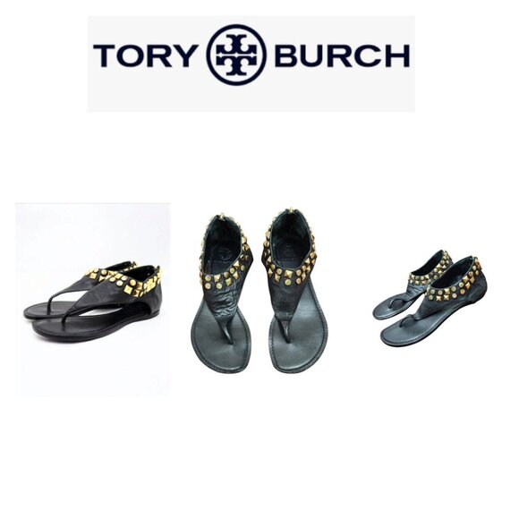 Tory Burch black gladiator gold stud sandal in lamb leather size 7.5 - Picture 1 of 12